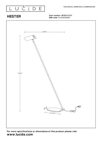 Lucide HESTER - Lampadaire / lampe de lecture - 1xGU10 - Blanc - technique